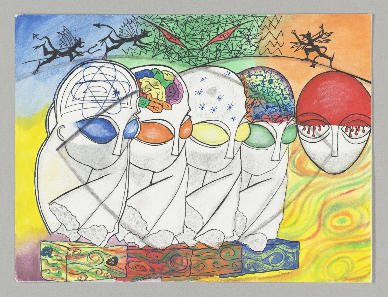 Four white figures with large mask-like heads are at the centre of the painting. They have large almond-shaped eyes in blue, orange, yellow and green respectively, from left to right. Each has a different drawing in the crown of the head: a rough atomic line drawing, a multicoloured bran, several asterisk type stars  and a blue scrbble on a multicoloured backround. To the left of the four figures is a floating mask head looking face-on at the viewer. It has red 'blood' flowing over it with droplets up to the almond shaped eyes. In the multicoloured and patterned background are small black 'devils' with raged wings, tails and one has a pitchfork.