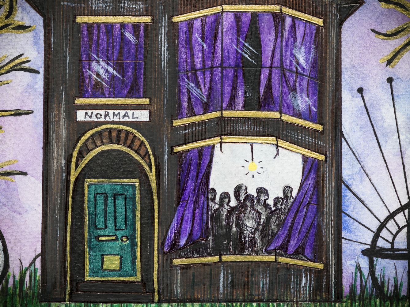 Detail from a larger colourful artwork made with paint and ink on textured watercolour paper. The artwork shows a dark grey gothic style building in the centre with purple curtains and a sign over the door which reads, 'NORMAL'. The curtains upstairs are pulled closed, those in the downstairs bay window are drawn back and billow in the wind. Standing in the room are a group of dark silhouetted figures, looking out.