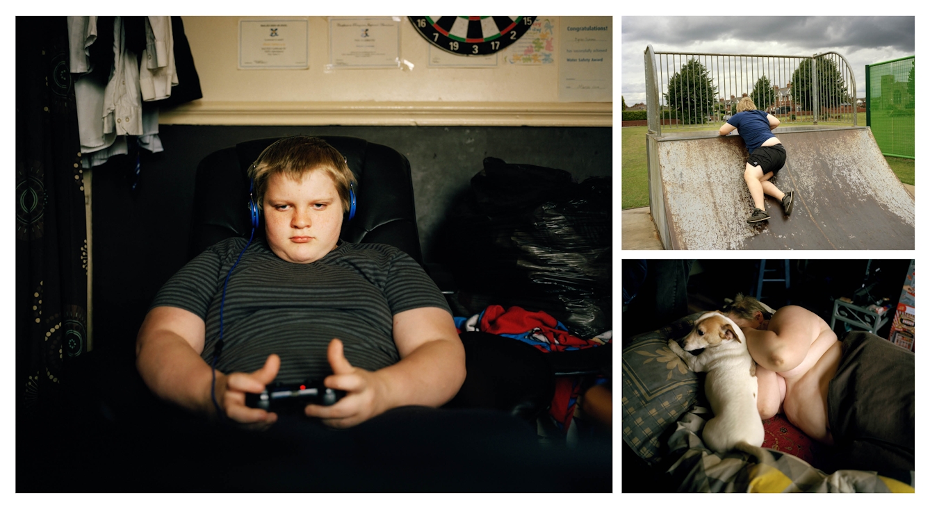 A cluster of 3 photographs, one large and two. The small top right photograph shows a teenage boy climbing onto a skateboard ramp in a park. The small photograph bottom right shows the same boy lying in bed with his top off, next to a small dog. The large photograph on the right shows the same boy sitting in a chair with headphones on and a games controller in his hands.
