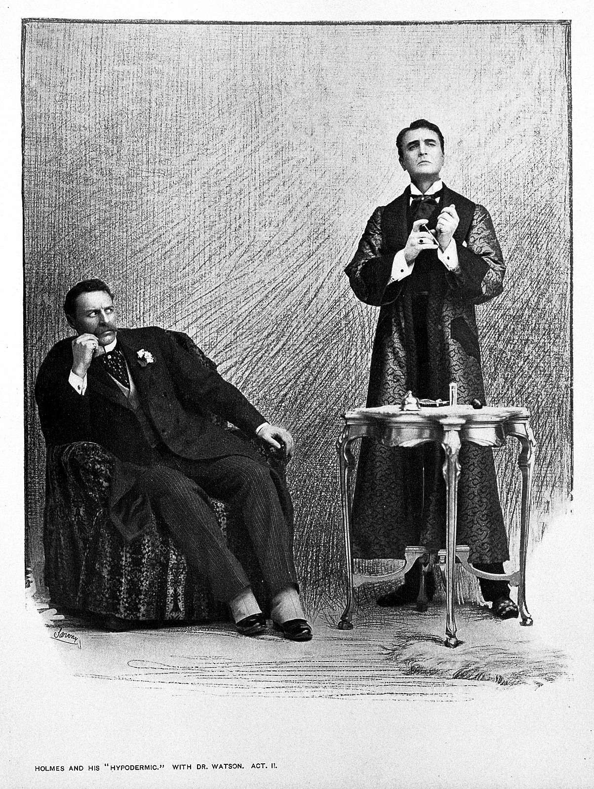Black and white illustration of two men, one sitting in an armchair, and the other standing and holding a syringe