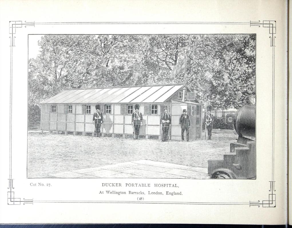 Page from book with full illustration of a wooden hut (hospital) with soldiers standing outside it.
