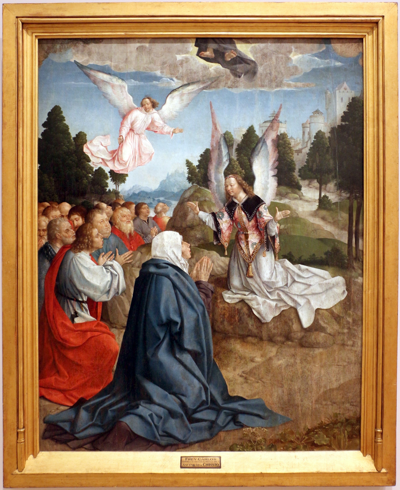Oil painting depicting a group of kneeling figures accopmanied by two angels. In the sky above them, two feet protrude from the bottom of a robe, represrenting Christ's acsension into heaven.