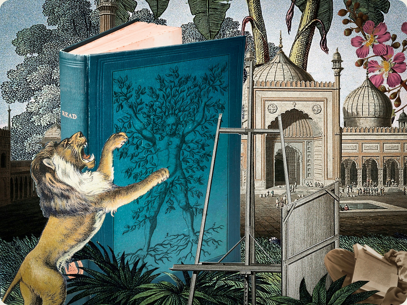 Artwork using collage. The collaged elements are made up of archive material which includes vintage photographs, etchings, painted illustrations, lithographic prints and line drawings. This artwork depicts a scene with an urban and rural combined background. In the middle distance an are tall palm trees and large pink flowers. In the foreground on the left is a lion on his hind legs, mouth open in a roar. Behind and to the right of the lion is a large blue hardback book. On the cover is the figure of a naked man with his arms outstretched above his head. Branches grow out of his arms, torso and legs and roots grow out of his feet. Next to the book is an empty artist's easel with a stretched canvas leaning against it.