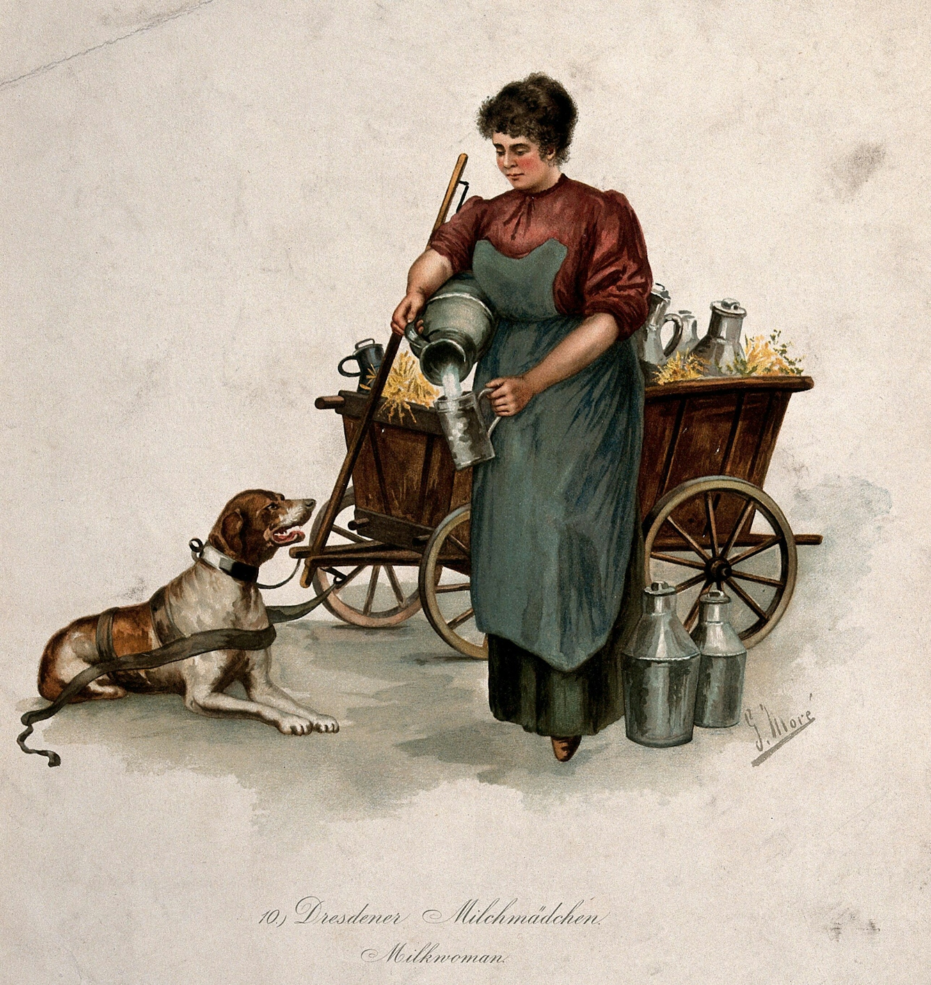 Colour print of a woman in a dark apron with strong arms and rosy cheeks pouring milk from a churn held under one arm into a mug. Many more churns sit around her feet and in the cart behind her, to which a dog is yoked. 