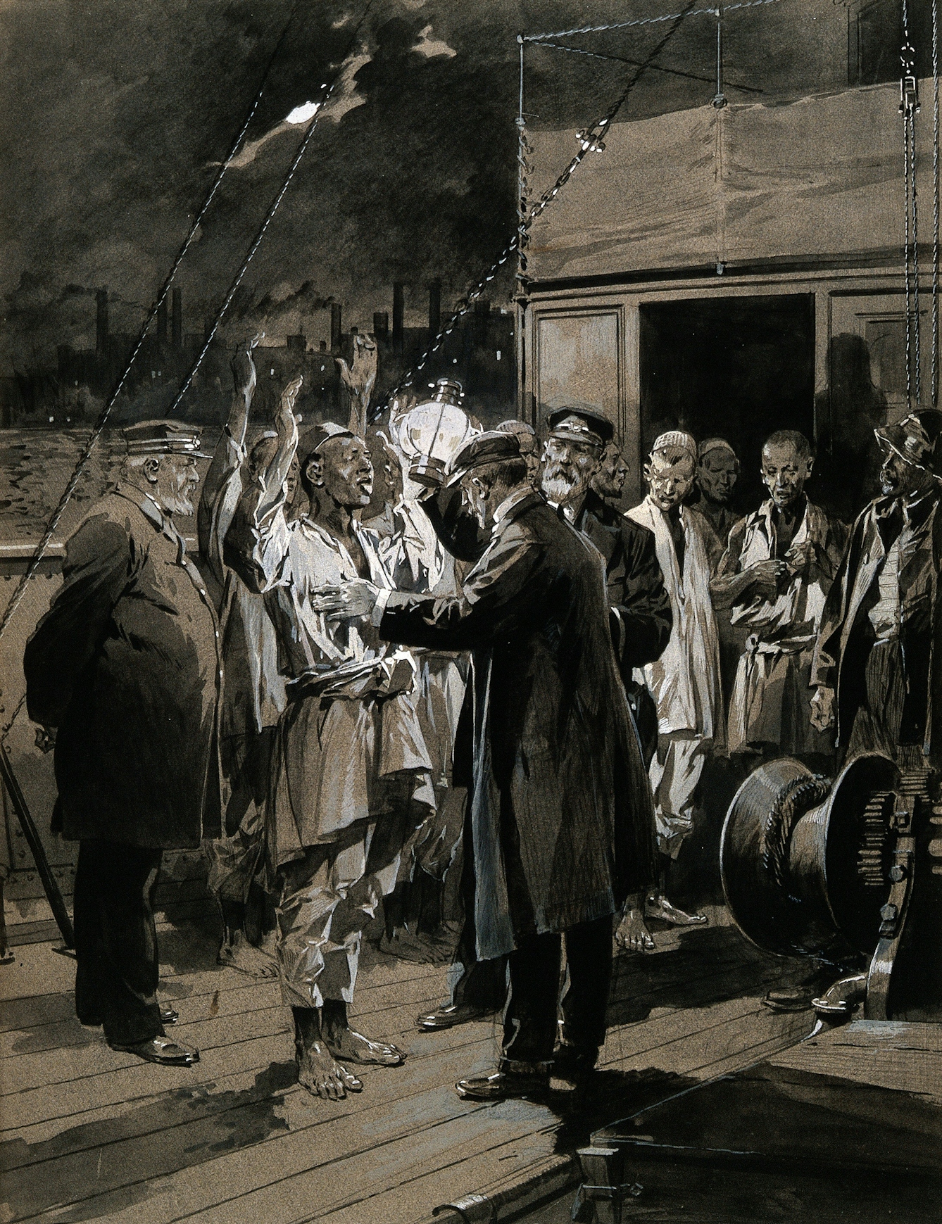A medical officer inspecting the crew of a ship in the Thames for plague, F de Haanen, 1905