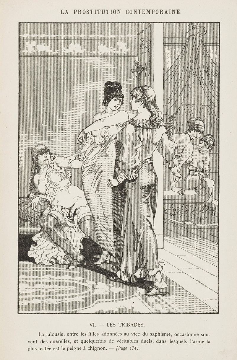 A page showing a black and white drawing of several women. In the foreground, one woman is lying back on a seat, while another woman is holding onto her. She is facing a third woman with an angry expression, who is wearing a long dress with her back to the picture. In the background there are two undressed women watching the scene. 