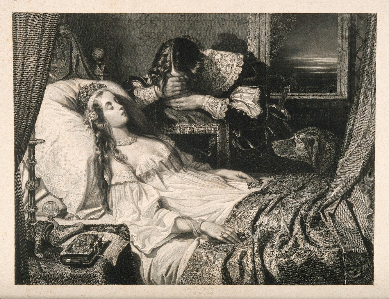 An engraving depicting a young man wearing a dark tunic with a large lace collar mourning the death of a young woman in her bed. The women is wearing a long white dress and has long hair with a bow.