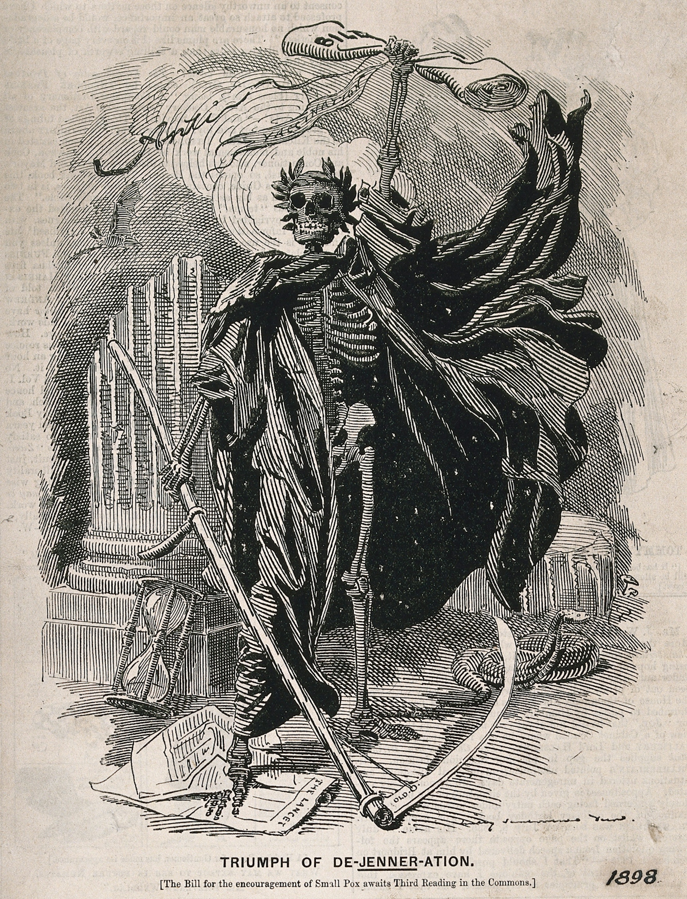 Death as a skeletal figure wielding a scythe, representing fears concerning the Act of 1898 which made vaccination against smallpox compulsory.