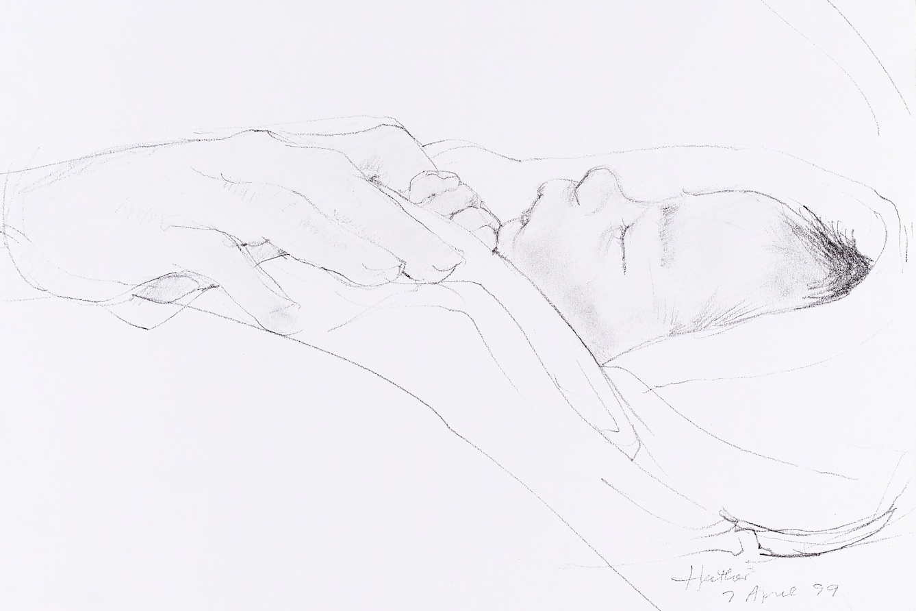 The picture shows a simple black and white pencil drawing of a very young baby wrapped in a cloth. The baby is sleeping. The baby is gripping the fore finger of an adult with one hand. Only the hand of the adult is visible.