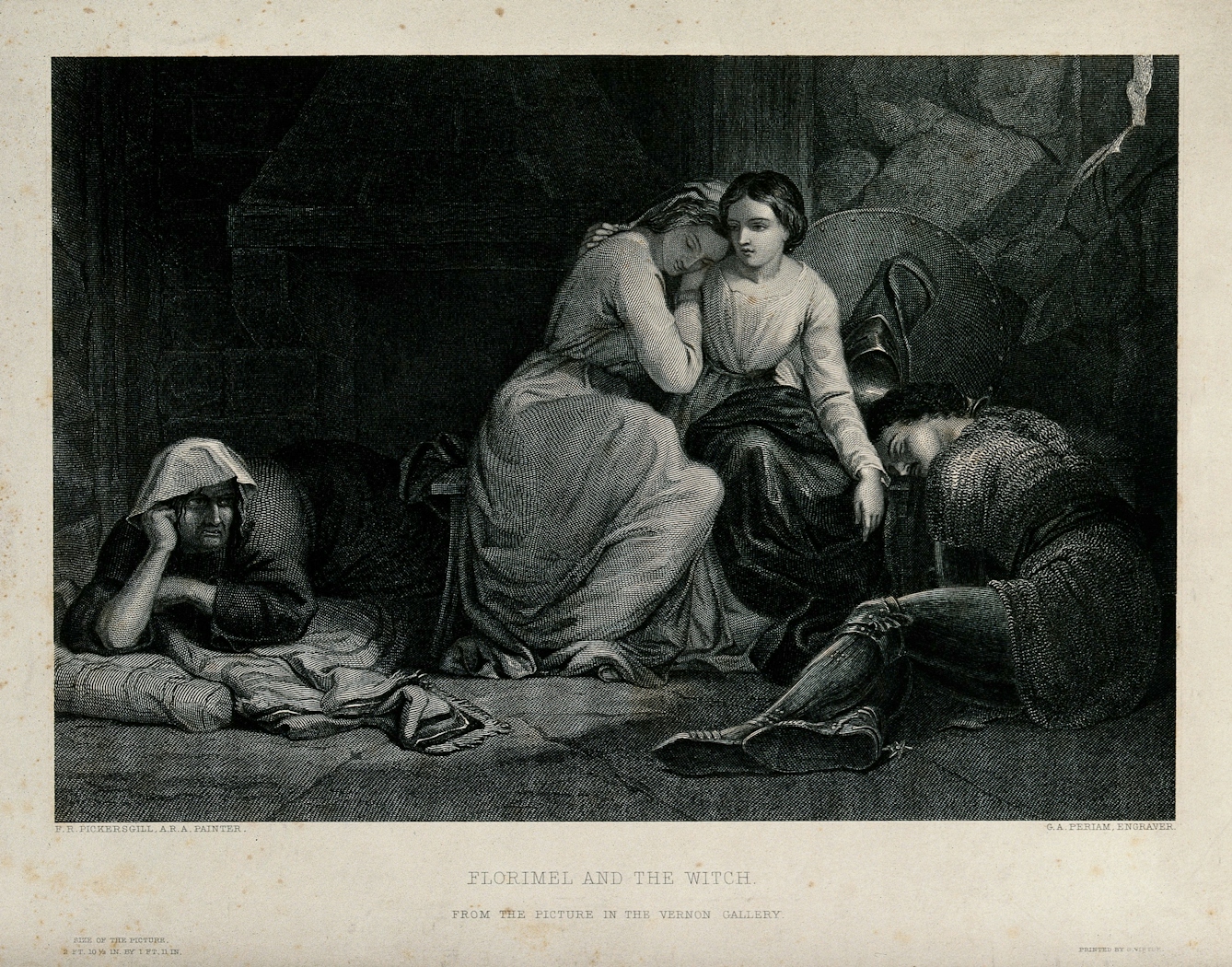 Black and white illustration showing two women embracing, with two men lying on the floor beside them.