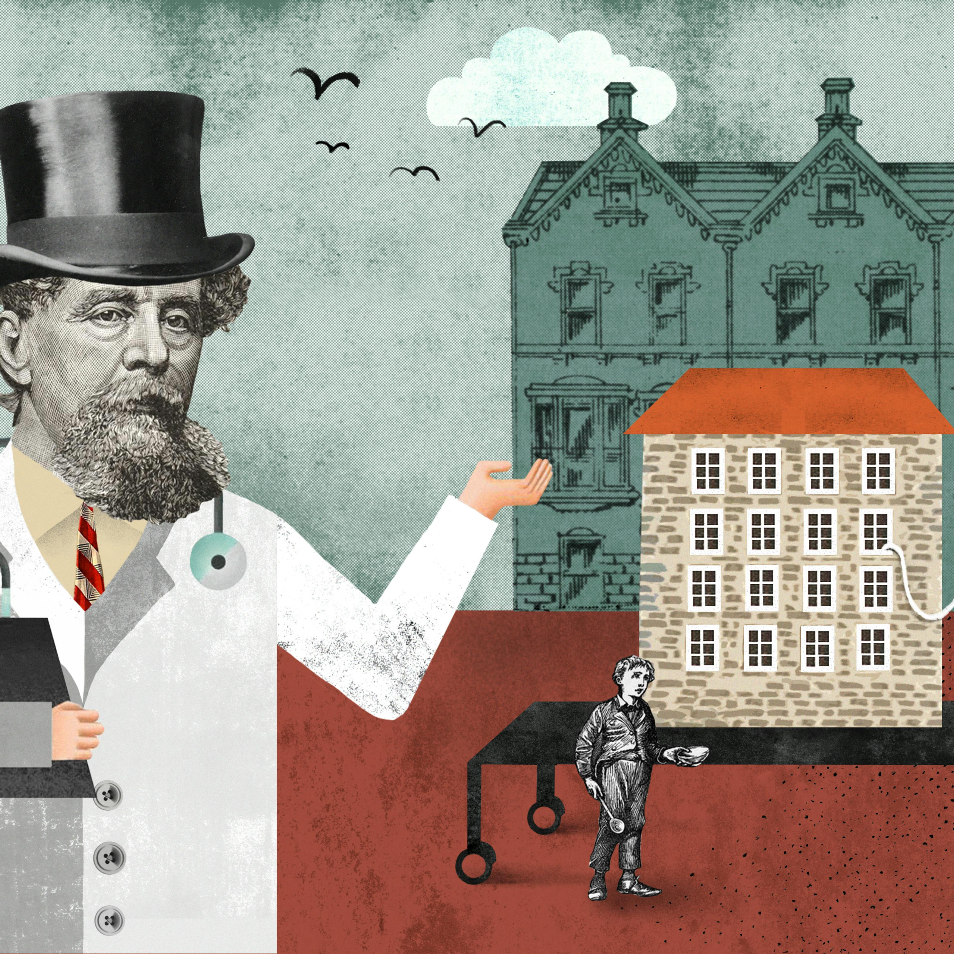 Artist's montage showing Dickens recording details of slum life in London.