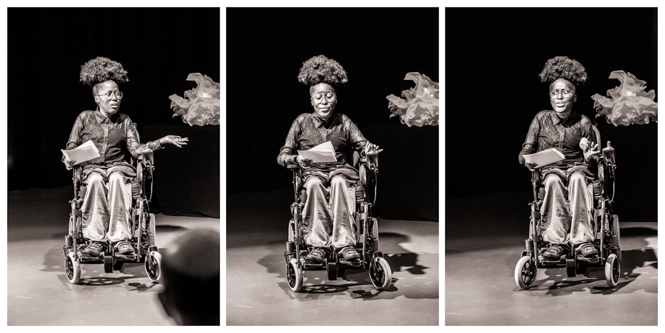 Photographic triptych, black and white with a warm tone. Each image shows the same young woman seated in a wheelchair against a black curtain and lit by a spotlight. She is performing to an audience and holds pieces of paper in her right hand. Her facial expression and gesticulation changes in each image.
