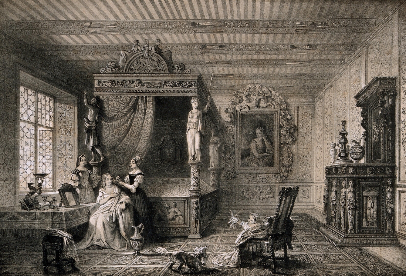 Lithograph of Diane de Poitiers in her bed-chamber in the Château de Chenonceau. A female assistant is dressing her hair, whilst another woman stands on Diane's left. In the foreground a small child and dog are playing. The bed-chamber is grand and ornamental-looking. 