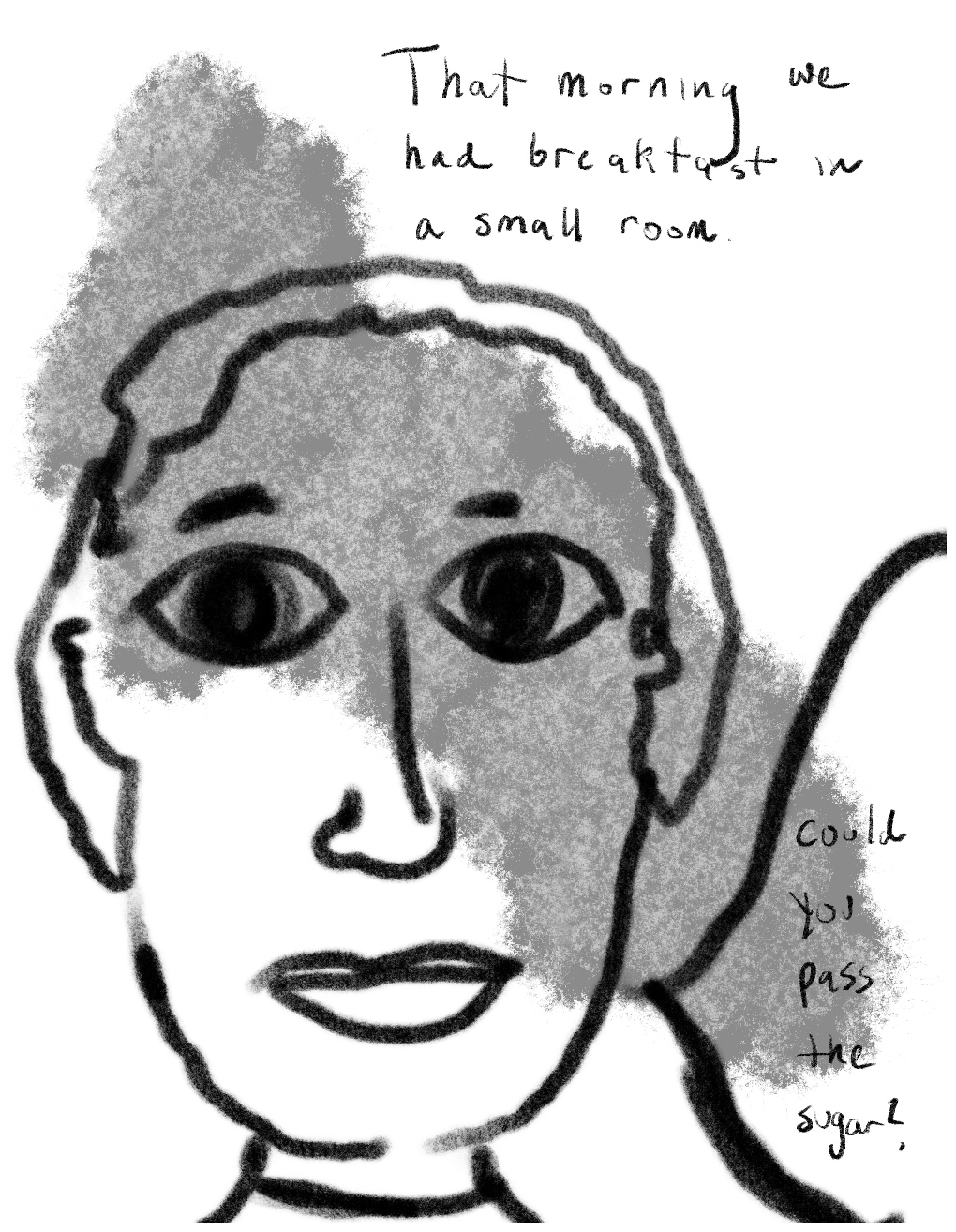Panel one of a four-panel comic called 'A shared experience', consisting of thick black line drawing and hand written text against a grey and white background. Text at the top of the panel says "That morning we had breakfast in a small room." Most of the panel is filled by a crude drawing of the head and shoulders of a young man with short hair, large eyes and a slight smile. A speech bubble from the young man says "could you pass the sugar?"