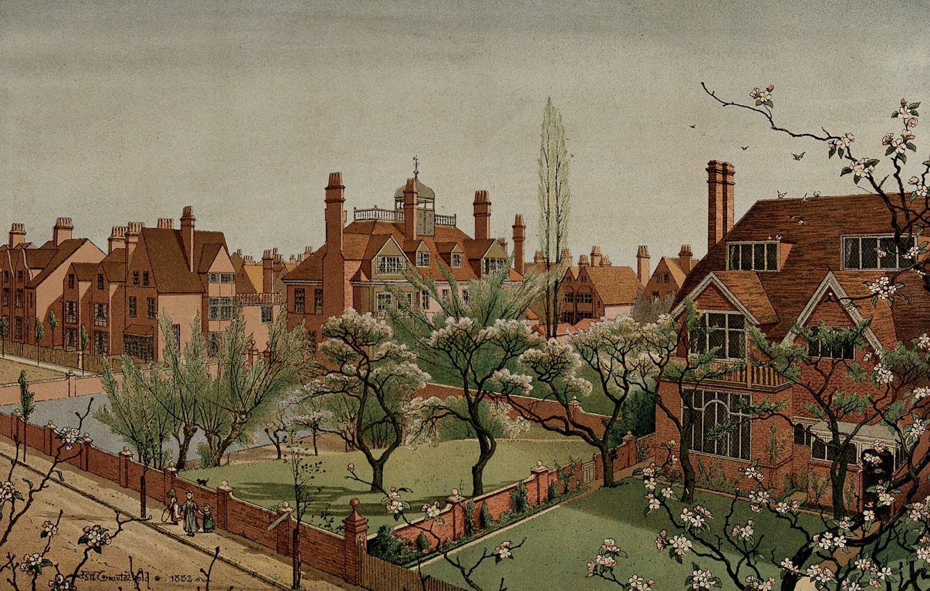 A lithograph of the Bedford Park suburb showing large red brick houses, communal garden spaces and flowering trees with white blossoms.