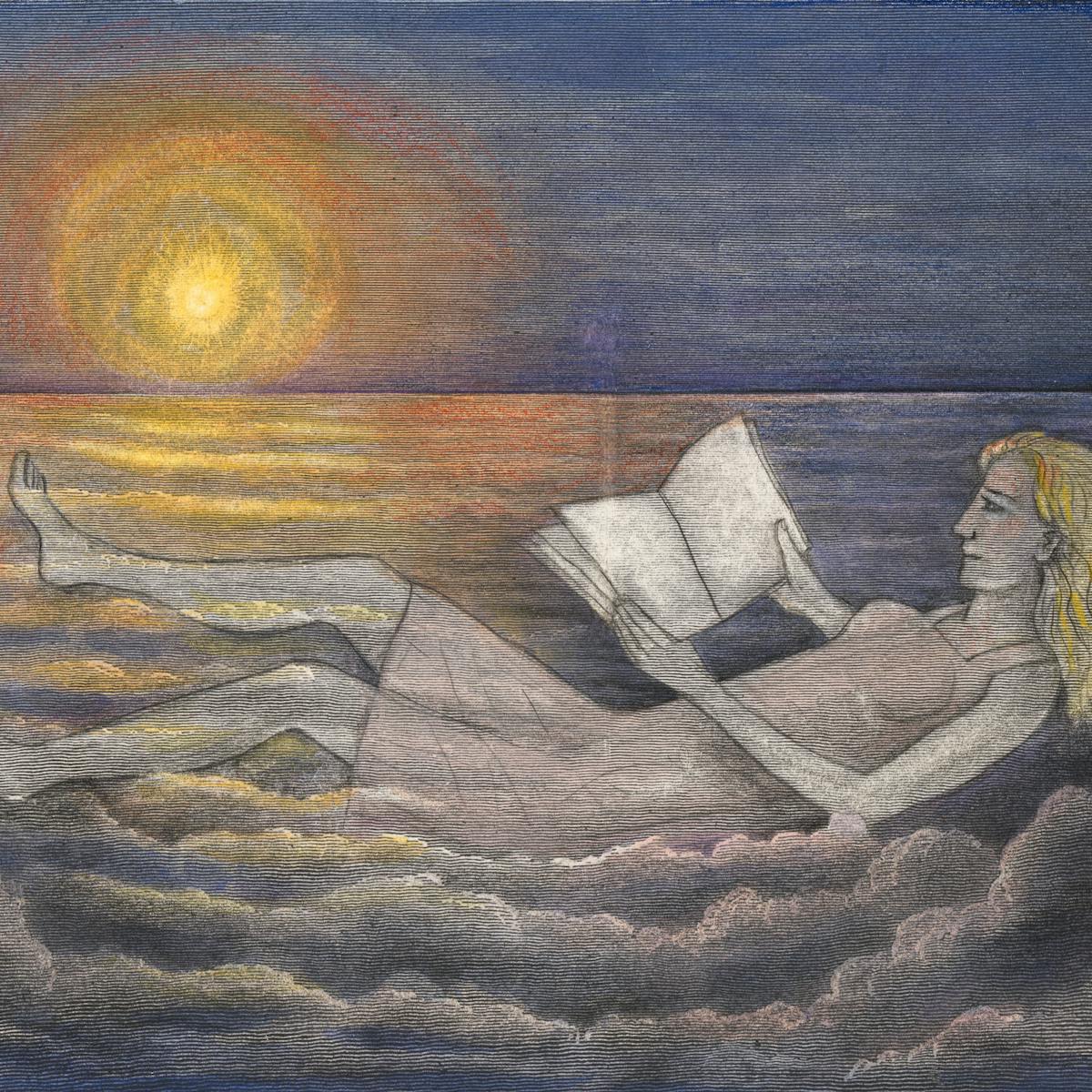Pencil and watercolour artwork drawn over an engraving which depicts a sky-scape of clouds with the sun shining across them. Drawn on the clouds is a reclining woman wearing a dress, reading a book. The warm orange and yellow hues of the sun stretch out into the blue hues of the sky and the clouds.