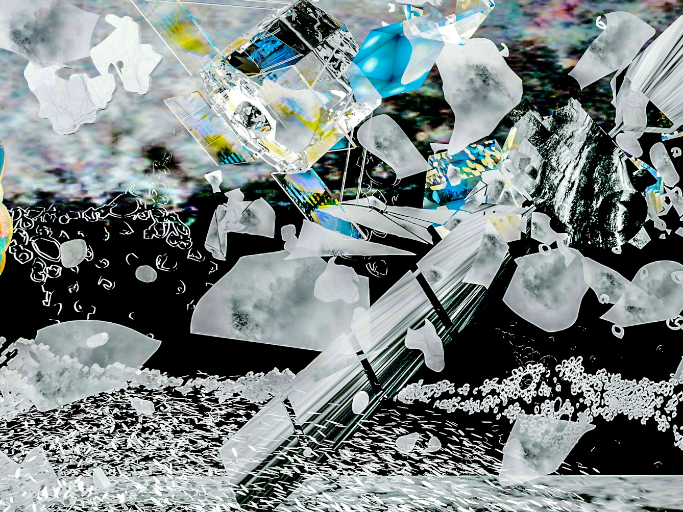 Mixed media artwork depicting a detail from a larger diorama. The scene is rich in details showing a fragmented abstract orbiting satellite, solar panel wings outstretched. Surrounding the satellite are lots of angular floating shapes resembling a field of debris.