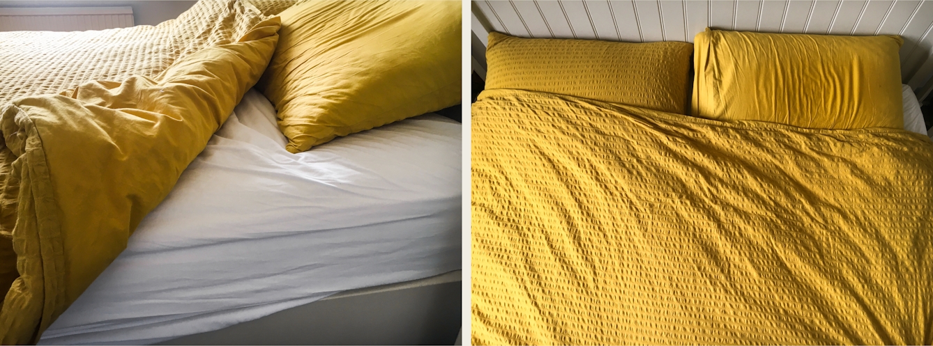 Photographic diptych. The image on the left shows a closeup view of a double bed with the duvet folded back to reveal the white sheet and side of the mattress. The pillow cases and duvet are a mustard colour. The image on the right shows the same bed but from above looking down, cropped into the duvet and 2 pillows. The duvet is now no longer folder and covers the full width of the bed