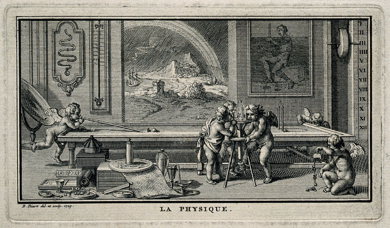 Putti deprive a bird of air in a vacuum experiment, one plays at billiards, another plays with magnetised keys, while outside a storm rages (all representing physics). 