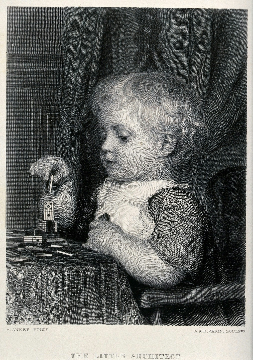 Monochrome etching of a young child sitting at a table using dominoes as building blocks