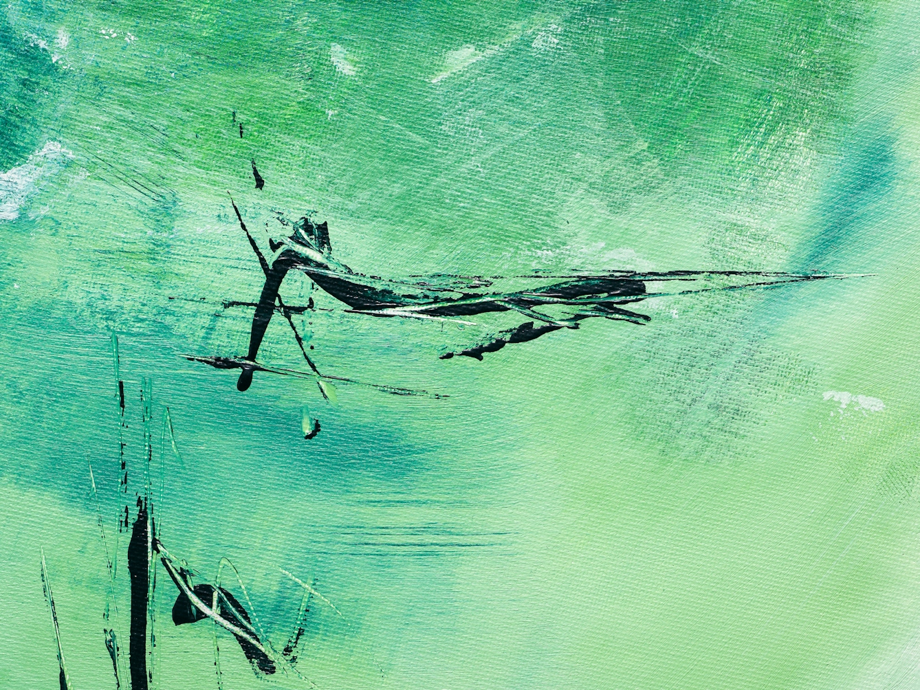Photograph of close-up detail of a larger abstract expressionist painting utilising acrylic paint on a circular canvas, titled 'Value'. This detail concentrates on the wash of light greens, cyans and whites, softly blending into each other and the dark black lines, short but purposeful and energetic.
