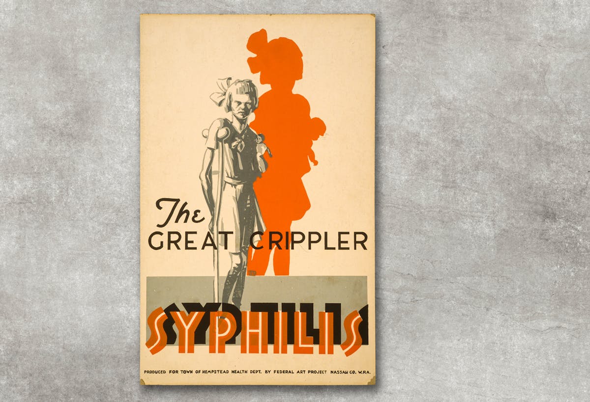 Poster warning of the dangers to children from syphilis, showing a young girl standing with a crutch.