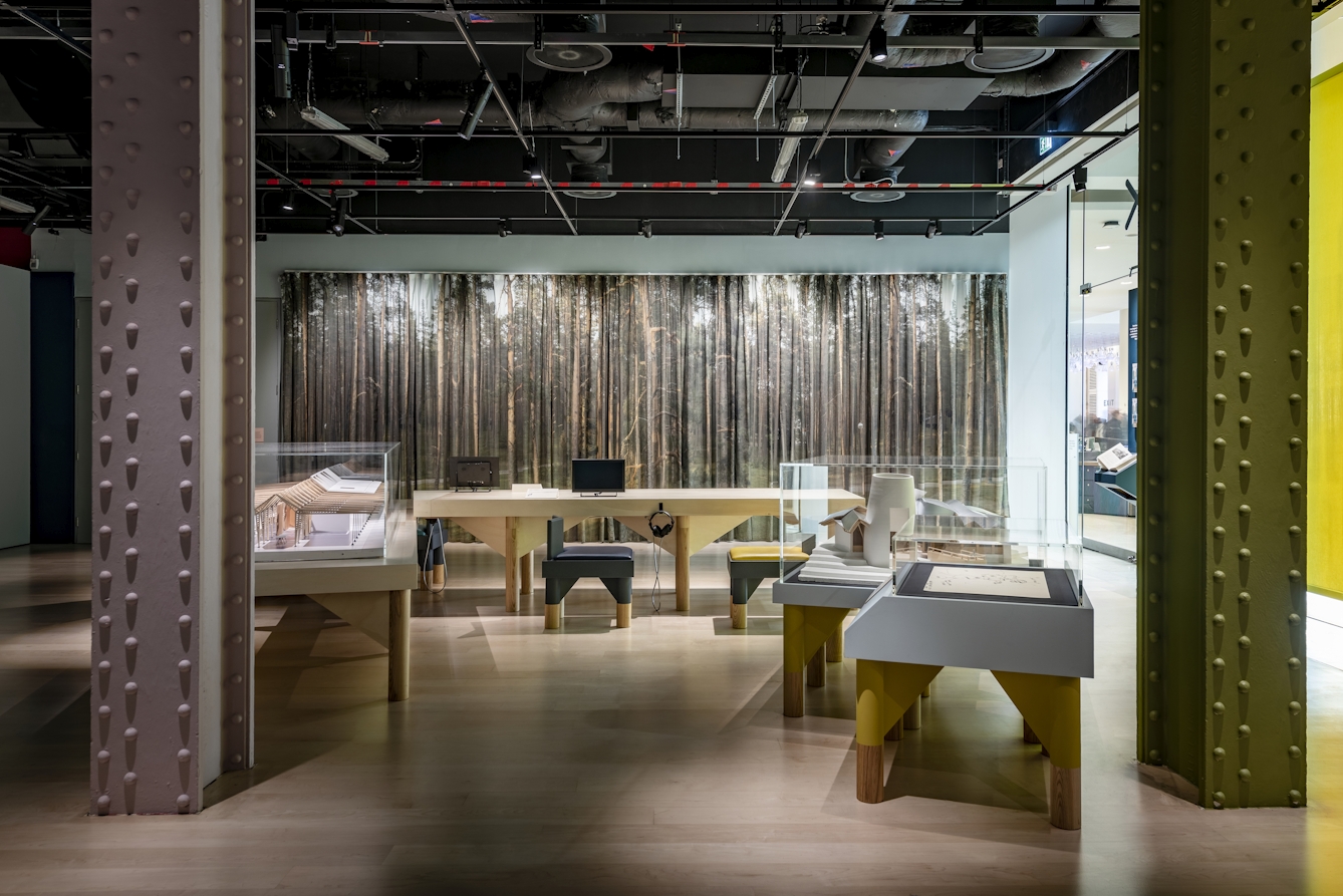 Photograph of the interior of the Living with Buildings exhibition at Wellcome Collection.