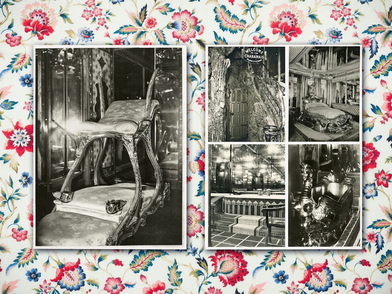 Digital composite image showing an early 20th century Parisienne colourful floral fabric background. Resting on top of the background is a set of 20th century black and white photographs showing the interior of Parisienne brothels. The images include a piece of furniture known as the 'seat of love', elaborate bedroom interiors, lavish bathrooms and ornate entrance ways.