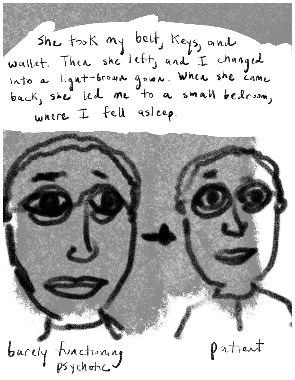 Panel three of a four-panel comic called 'From psychotic to patient', consisting of thick black line drawing and hand written text against a mottled grey and white background. The heads and shoulders of two crudely drawn figures  stand side by side, looking out at the viewer. Both have short hair and glasses and neutral expressions. A black arrow points from the left figure to the right figure. Beneath the lefthand figure is written "barely functioning psychotic" and beneath the righthand figure is written "patient". Text above the two figures reads "She took my belt, keys, and wallet. Then she left, and I changed into a light-brown gown. When she came back, she led me to a small bedroom, where I fell aspleep."