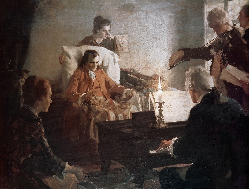 Colour painting showing an ill man surrounded by other people including musicians.