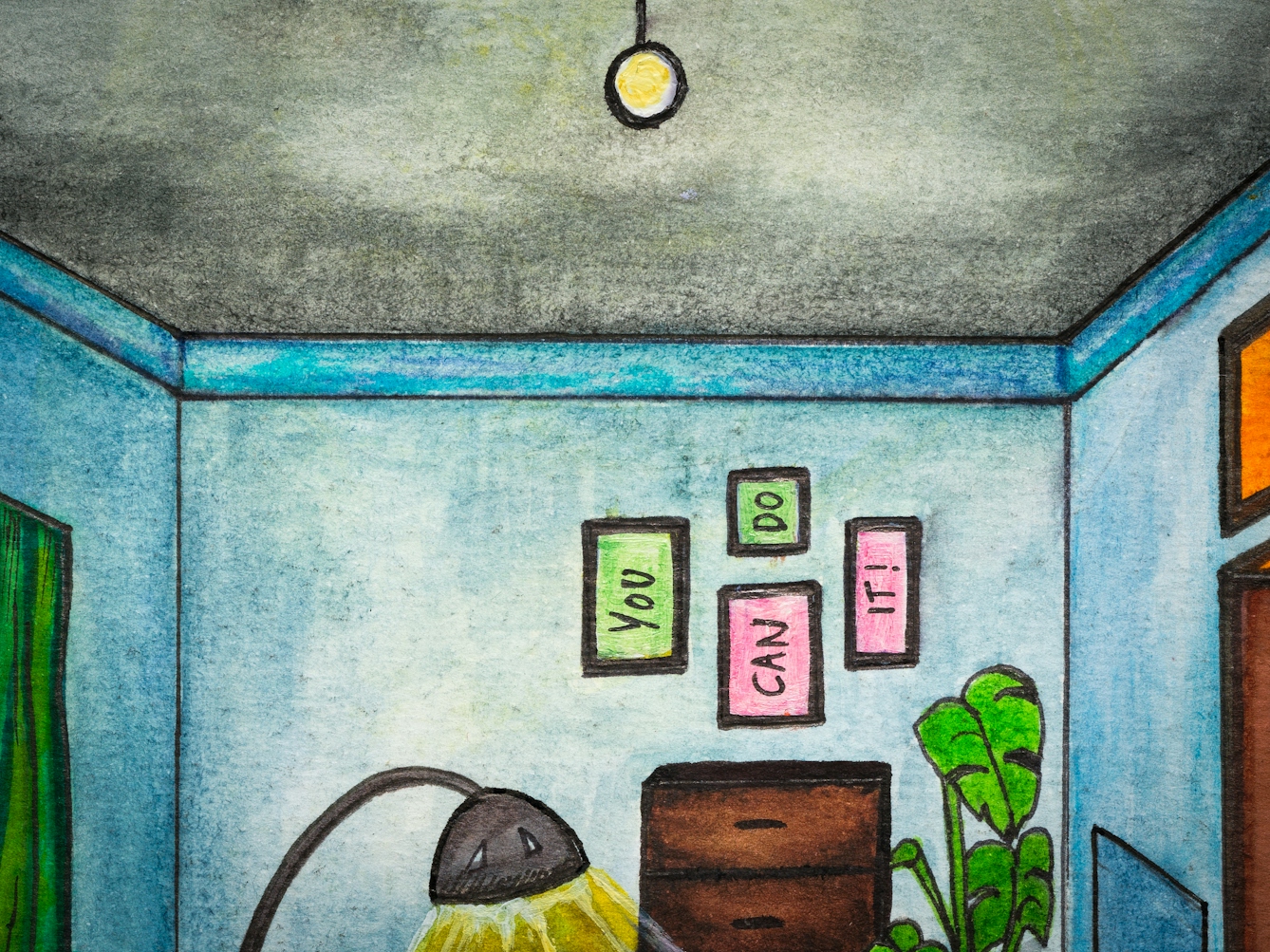 Detail from larger colourful artwork made with paint and ink on textured watercolour paper. The artwork shows a scene in a bedroom with predominantly hues of blues, greens and yellows. At the back of the room is a chest of drawers above which hangs 4 picture frames, one word in each, spelling out the phrase, 'you can do it!'.