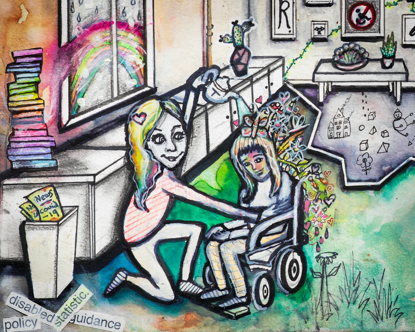 Artwork using watercolour and ink incorporating some collaged words. The artwork shows a busy multi-coloured living room scene with a girl sitting in a wheelchair while a smiling woman with rainbow hair pours liquid from a teapot over her head from which butterflies, flowers and hearts emerge.  Behind them are a pile of rainbow coloured books, and a window through which a rainbow can be seen. 