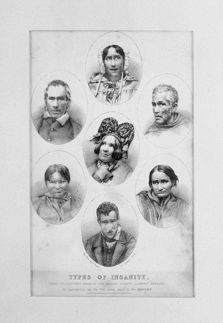 Black and white drawing featuring seven faces in various poses