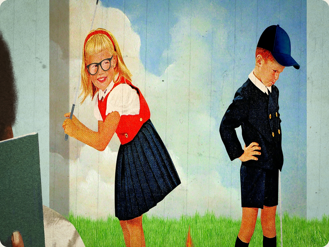 Detail from a larger mixed media digital artwork combining found imagery from vintage magazines and books with painted and textured elements. The overall hues are pastel blues, pinks and greys with elements of harsh reds and greens. This detail shows a scene with a young boy and girl dressed in 1950s American era clothes. They are playing golf. The girl has a large smile on her face and has a golf club raised behind her head, about to strike a golf ball resting on a 'T' in the grass. The golf ball appears to be on fire. The boy is standing on the other side of the ball facing away from the girl. He has his hands on his hips and his head bend towards the floor. His has an upset, sulking expression on his face. Behind them both is a blue sky with white fluffy clouds.