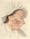Photograph of an illustration showing the head and shoulders of a woman in a bonnet with red acne marks on her face.