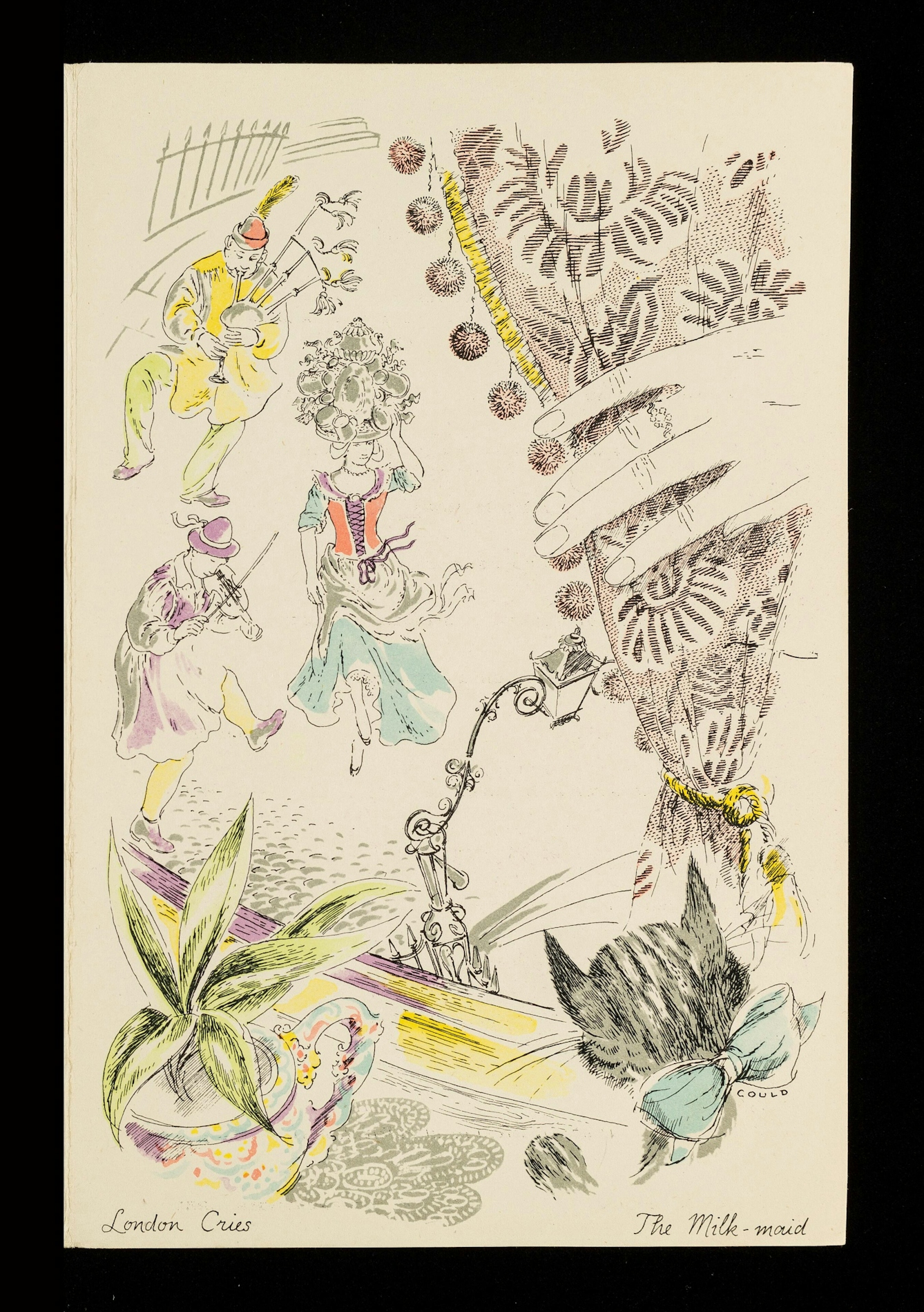 Coloured drawing showing a hand pulling back a curtain, kitten and aspidestra on the sill, with a view from the window looking down at a woman wearing what looks like a hat made from silver flagons, plates and teapot and two men dancing below with violin and bagpipes.