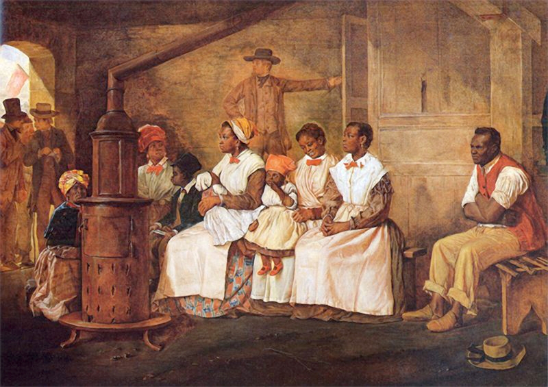 Painting by American artist Eyre Crowe of enslaved women, men, and children waiting to be sold at auction, Five smartly dressed seated black women sit in a row. Two hold young children in their laps, a third older boy sits with the women. In front of the women is a large metal stove.To the right of the row of women, a black man sits, arms crossed waiting impassively. In the background a white man stands looking to the open doorway on the left where a group of other white men stand close together, talking.