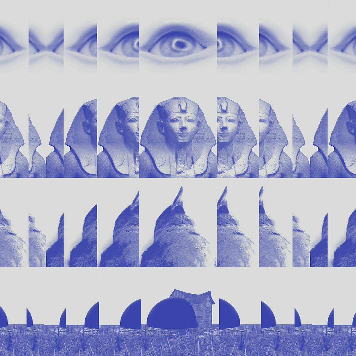 Blue toned repeating photographic montage artwork showing an image of an eye, an image of a sphinx, an image of a small bird and an image of a coastal dwelling all repeating themselves in horizontal lines across the image. Each repeat shows more or less of a vertical slice of the original image.