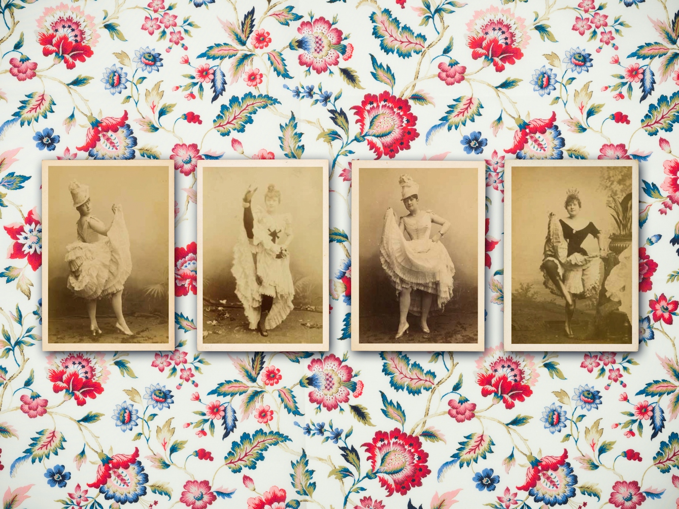 Digital composite image showing an early 20th century Parisienne colourful floral fabric background. Resting on top of the background are four 19th century sepia toned photographs showing the same woman in full length, wearing different clothes and standing in different poses in each. Her poses are those of a dancer, with her leg raised in some.