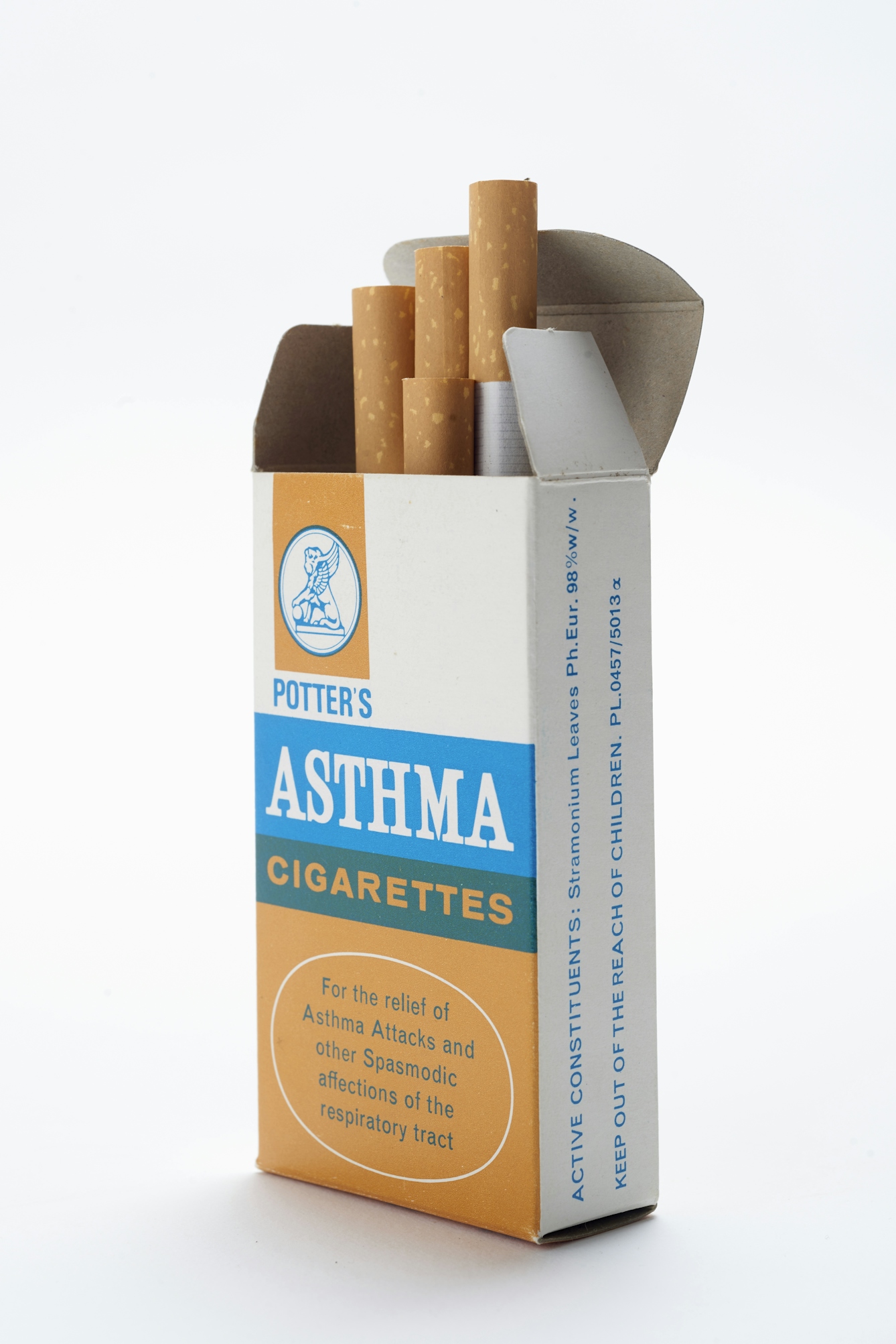 Colour photograph of packet of cigarettes labelled as being "for the relief of asthma attacks and other spasmodic affections of the respiratory tract".