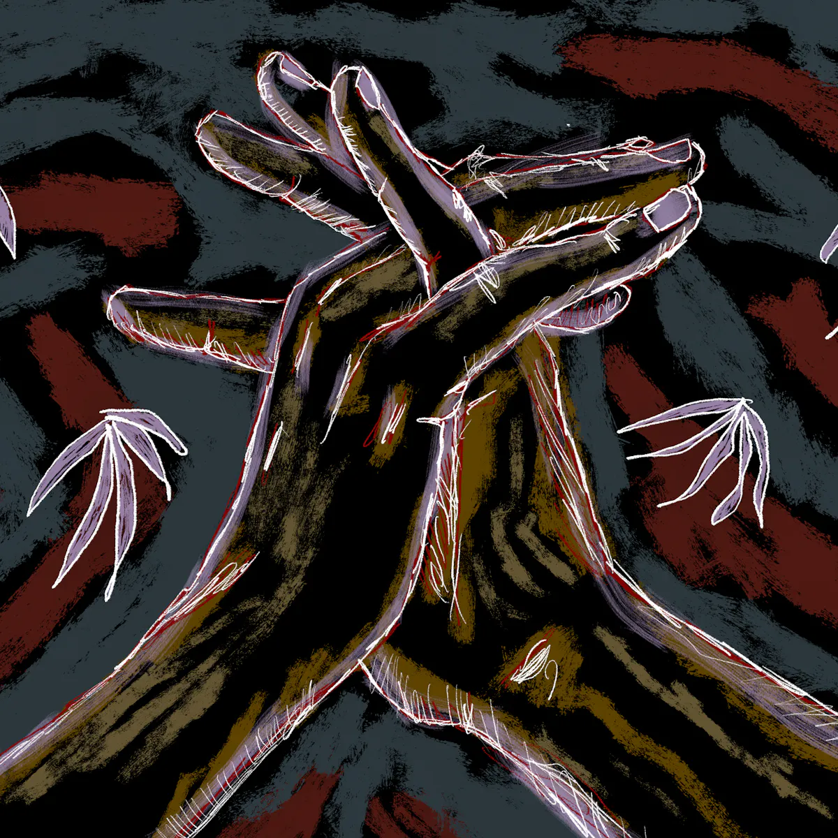 Colour digital artwork showing a figurative study of a pair of hands gracefully suspended in mid air, visible from just above the wrists. The hand hands are clasped together, the fingers gently latticed. The background is made up of dark textured rough lines of dark red, dark blue greys and blacks, punctuated by white outlined purple leaf-like plants.