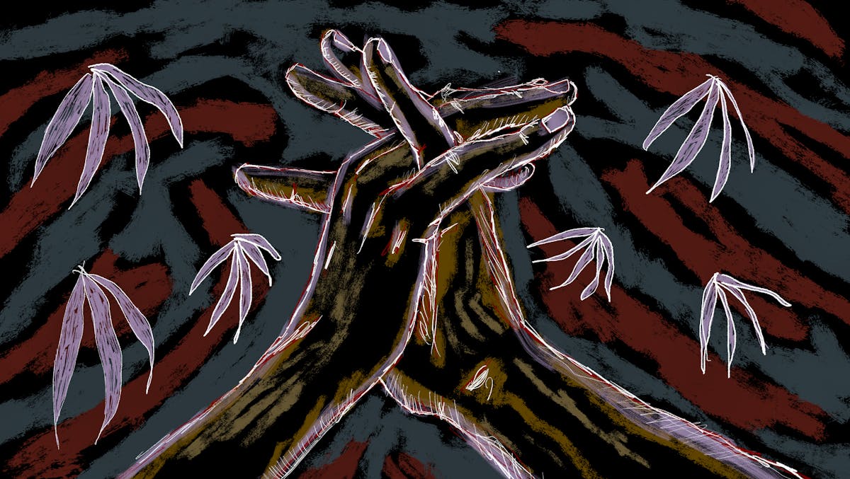 Colour digital artwork showing a figurative study of a pair of hands gracefully suspended in mid air, visible from just above the wrists. The hand hands are clasped together, the fingers gently latticed. The background is made up of dark textured rough lines of dark red, dark blue greys and blacks, punctuated by white outlined purple leaf-like plants.