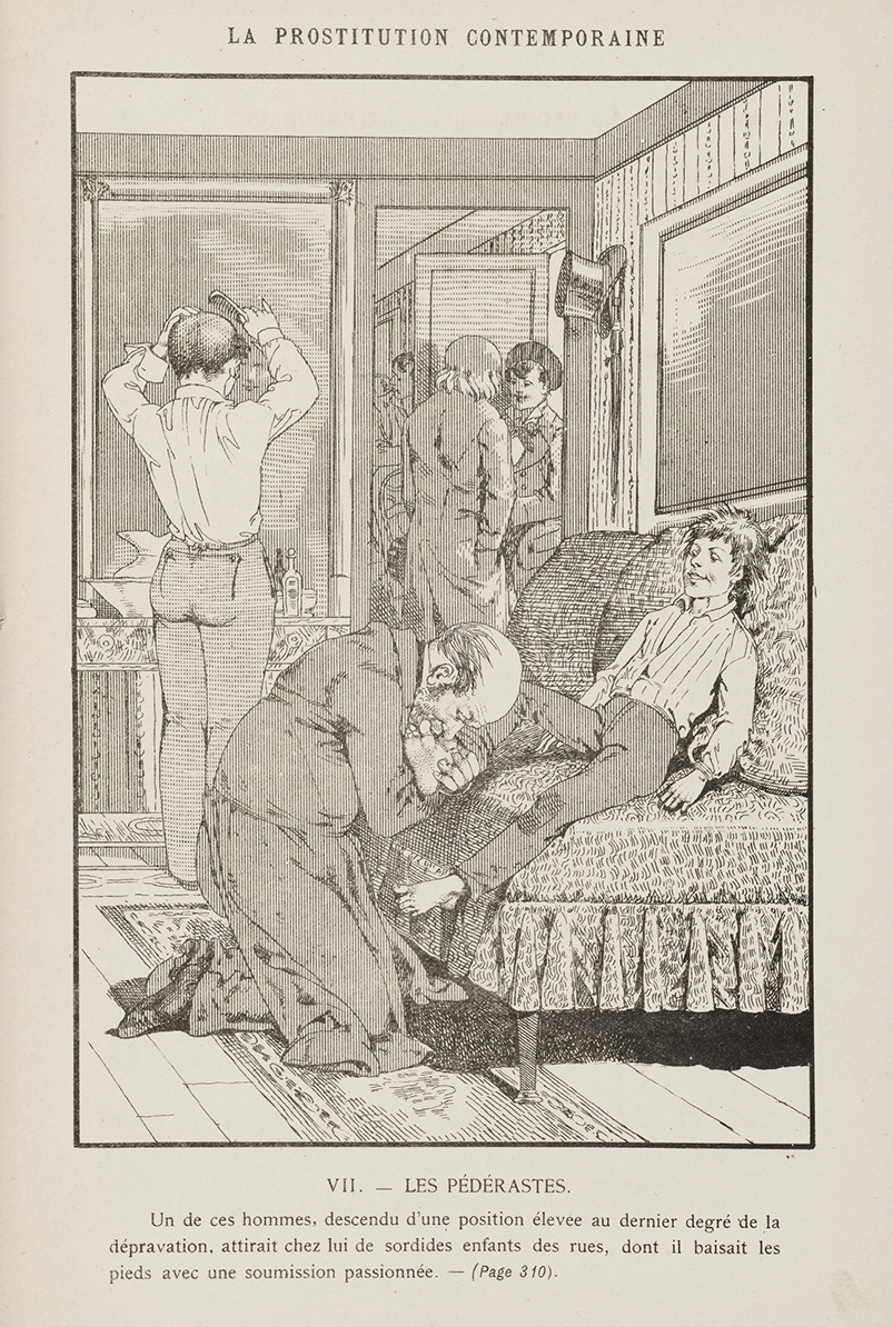 A black and white drawing showing multiple men in a room, one sitting down having his foot kissed by another man, one combing his hair, and two men having a conversation in the background.