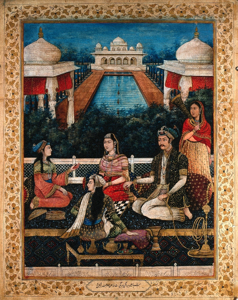 Mughal Emperor (Akhbar?) with four female companions playing chess and smoking a hookah in a mughal palace garden