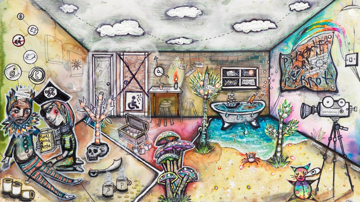 Artwork using watercolour and ink incorporating collaged words throughout the scene. The artwork shows a busy multi-coloured household room separated by intersecting white lines drawn across the floor.  The theme is that of a desert island containing elements such as: a treasure chest filled with toilet rolls; a wall clock with oversized hands; an artwork depicting the coronavirus; a doorway with a large cross drawn through it on which there is a disabled symbol of a wheelchair; a rainbow painted on a wall; and a small rocket with the words ‘medical’ and ‘NHS’ taking off out of a palm tree. In the background, a bath overflows with turquois water onto golden sand leading to the foreground where a video camera with the word ‘pandemic’ is mounted on a tripod. Opposite that, a man dressed in a ruff and a crown sits against a wall looking tired with various icons including a disabled symbol with a wheelchair, as well as those belonging to social media joined by dotted lines above his head. On his crown are the words ‘moody’, ‘creativity’, ‘work’ and ‘art’, while on his chest is the word ‘objectified’. Kneeling beside him, another person dressed as a pirate, holds a box of pasta.