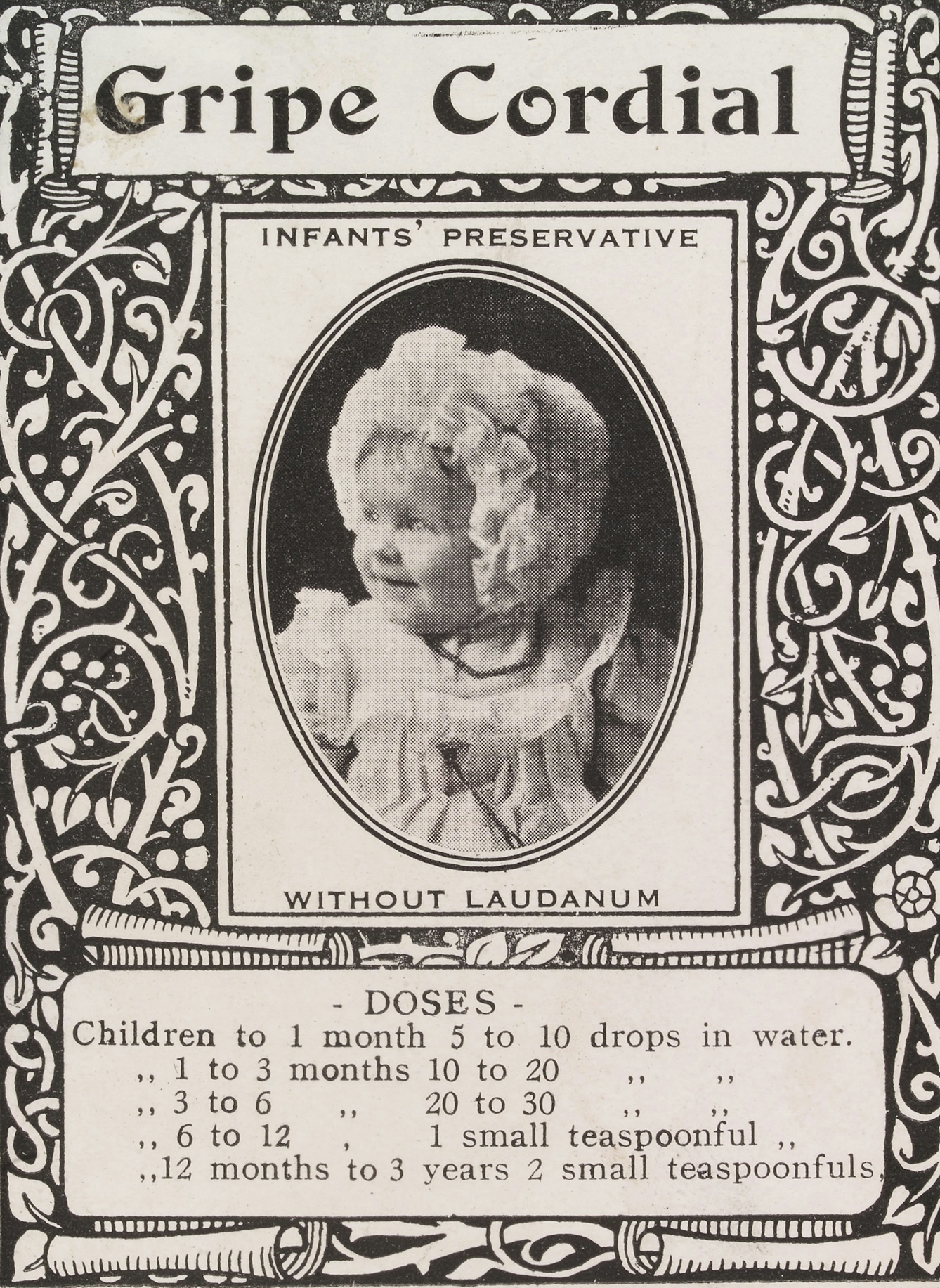 Label for Gripe Cordial featuring a smiling baby
