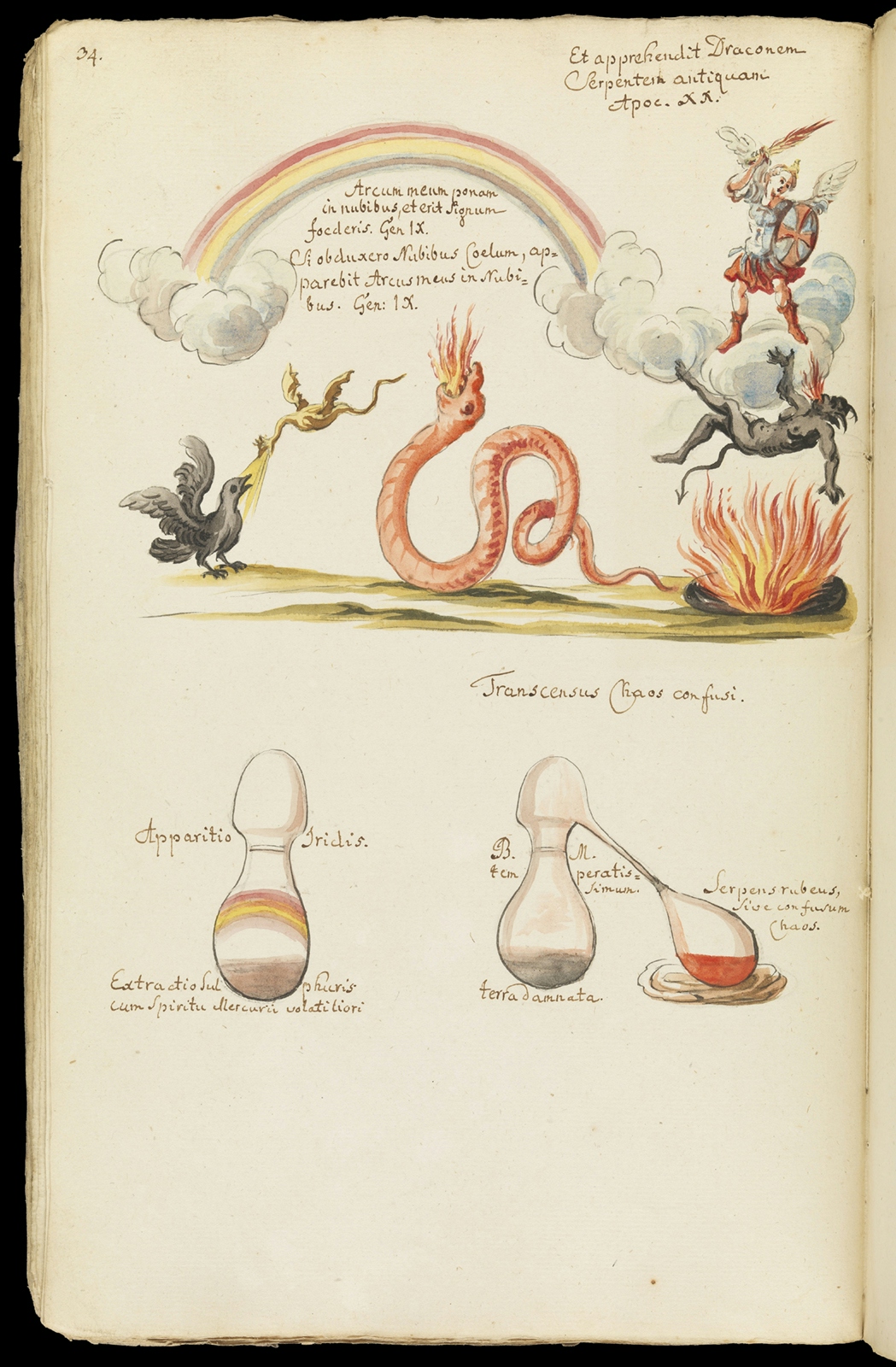 A digital reproduction of a page from a book, which has two hand drawn, colour drawings on it. The first shows a rainbow and a warrior standing on a cloud attacking three monsters (a bird, serpent and a demon); the second shows scientific apparatus.
