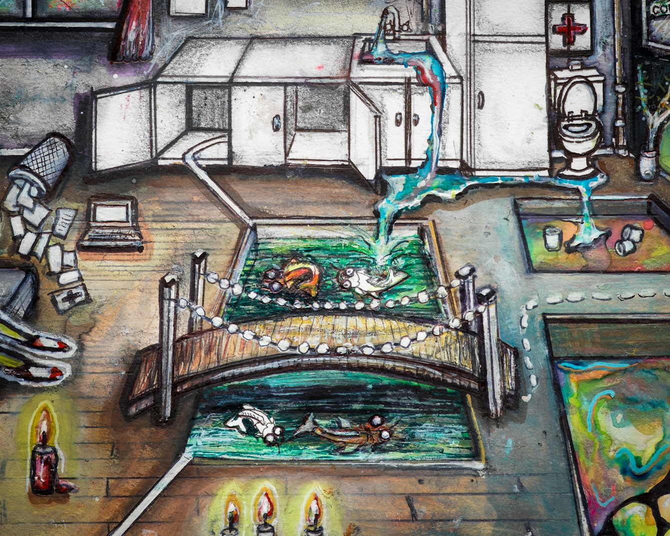 Artwork using watercolour and ink incorporating collaged words throughout the sArtwork using watercolour and ink incorporating collaged words throughout the scene. The artwork shows a busy household room with a kitchenette with an overflowing sink, a toilet and a first aid box in the background. In the foreground a lowered area in the floorboards provides a rectangular pond with fish, and a little bridge across it with string lights. Water from the overflowing sink pours into the pond. 