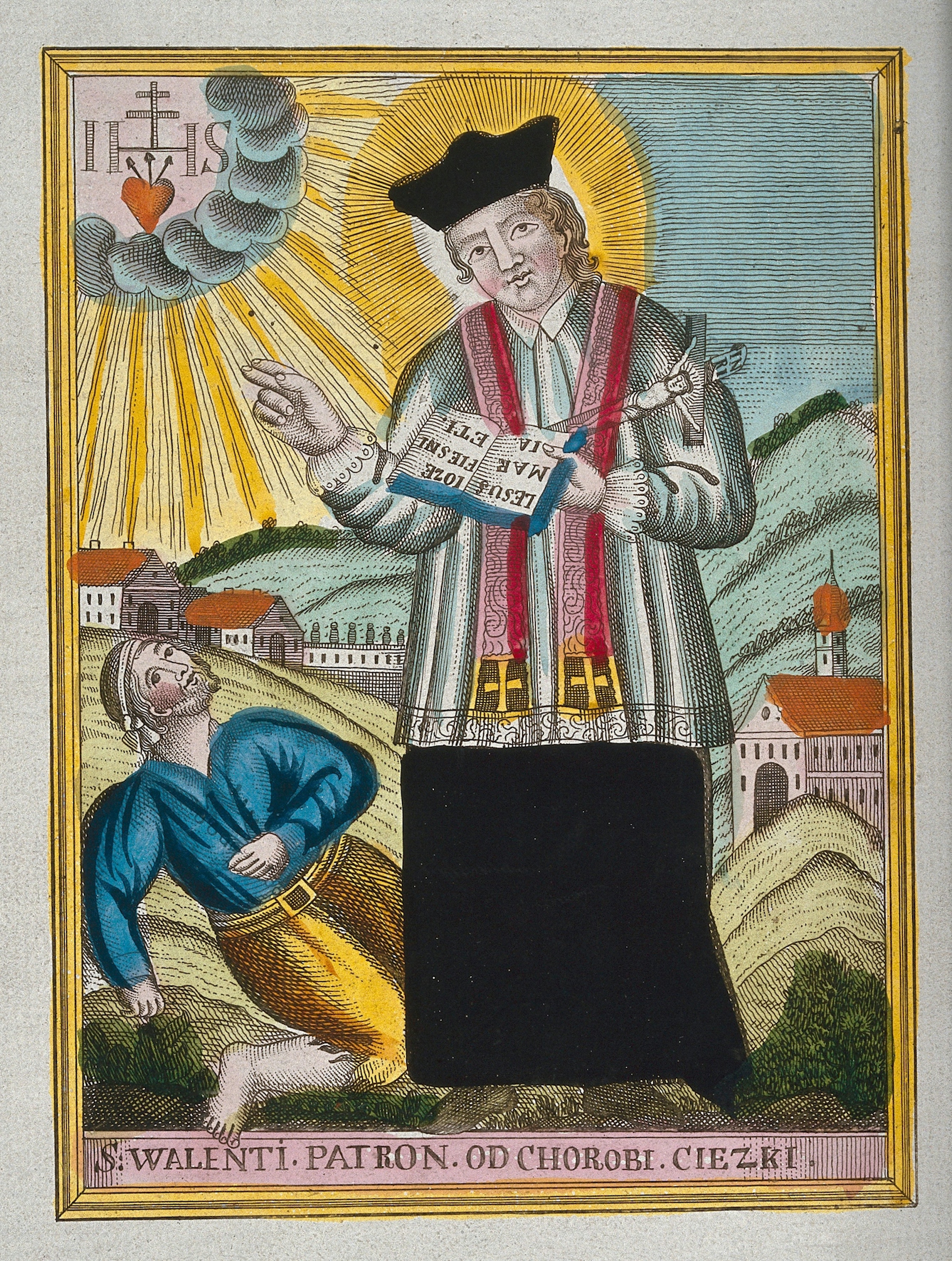 St Valentine blessing a man at his feet who has ‘falling sickness’ – an old name for epilepsy .