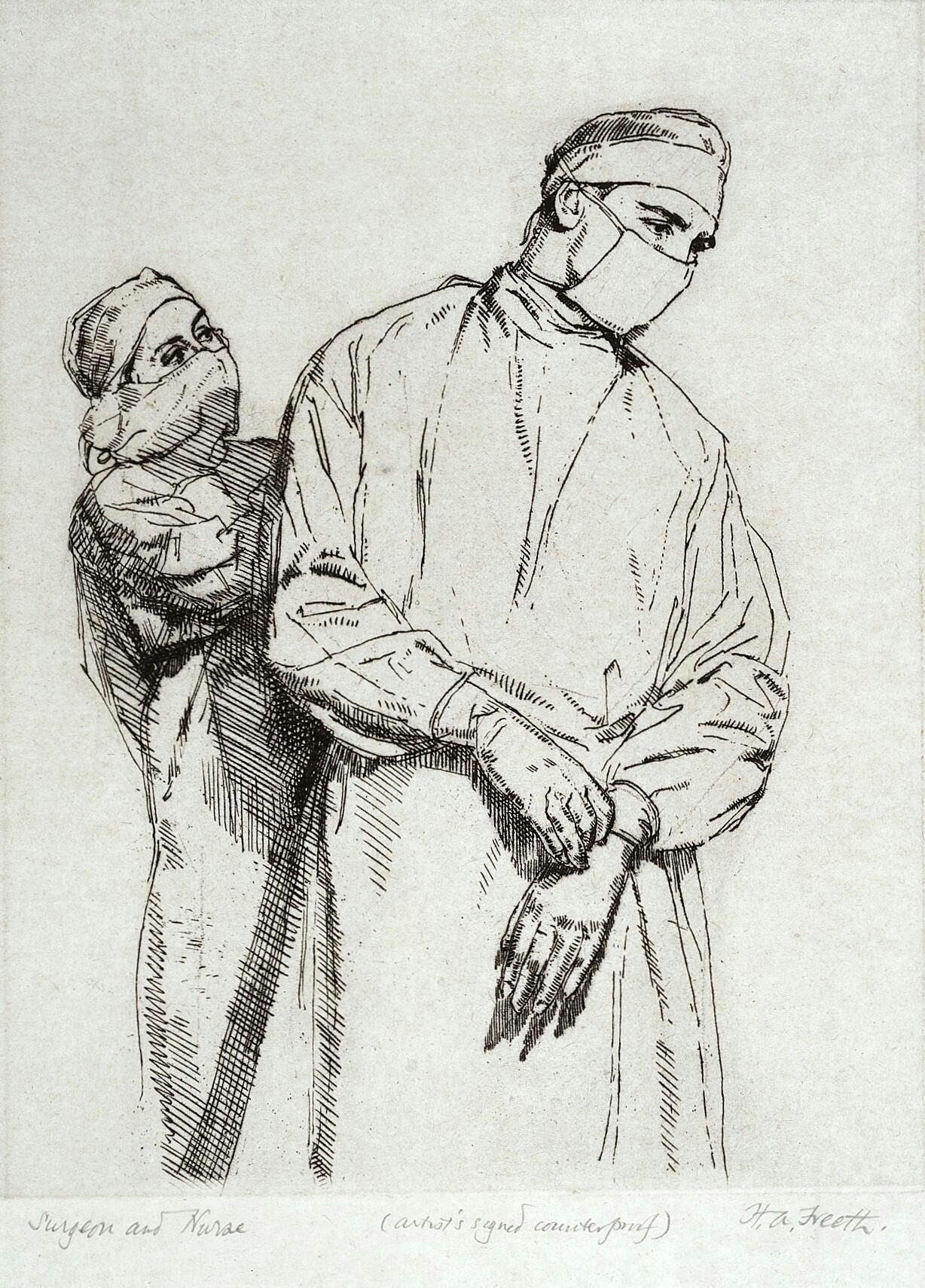 Etched line drawing of a nurse and a surgeon, each wearing a gowns and a mask